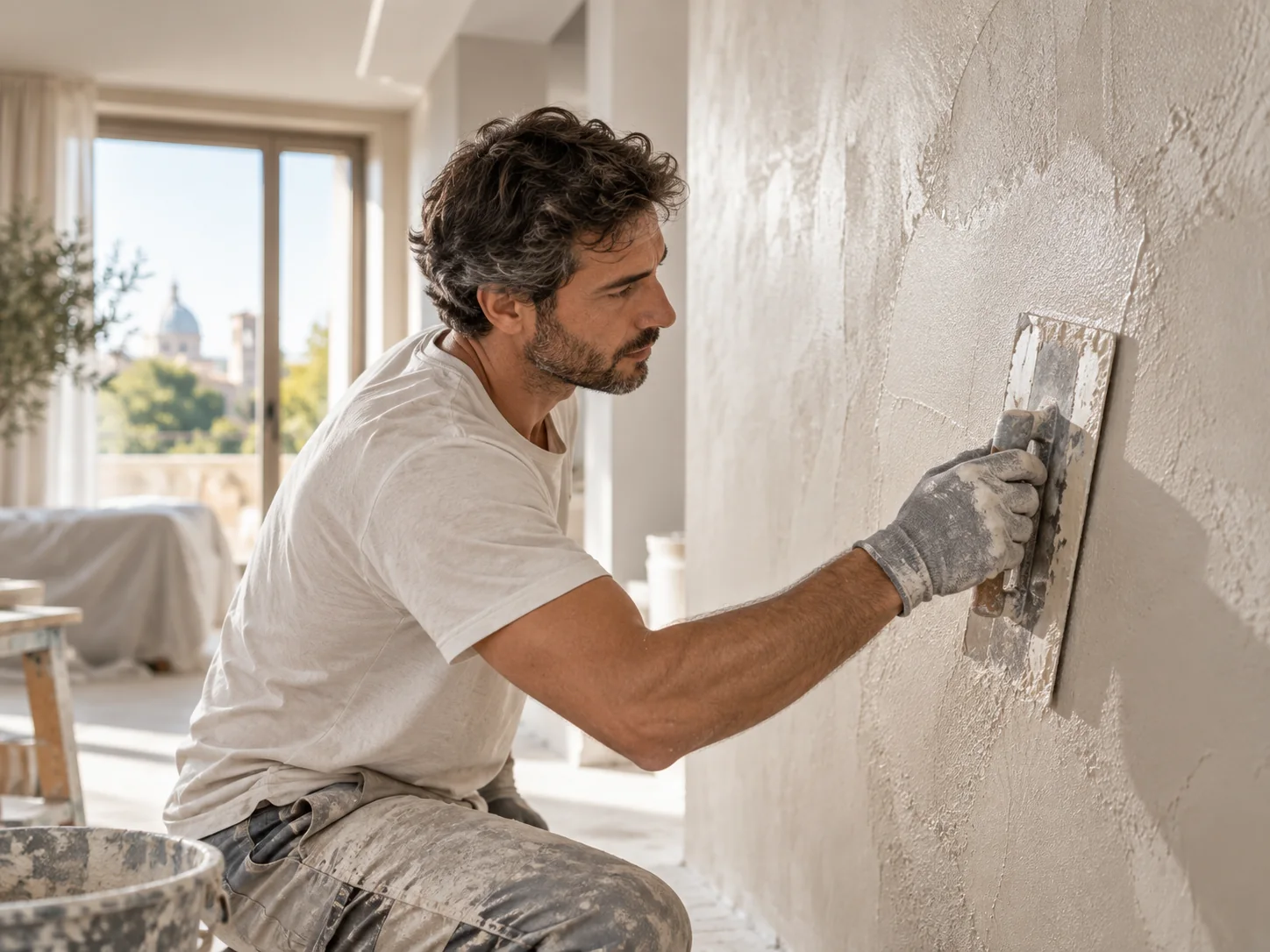 Lavorazione di intonaco su parete